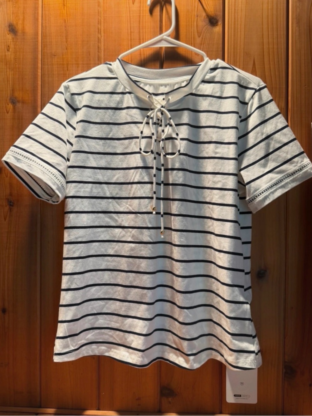 MOTF White Tee with Navy Stripes and Tie-Neck